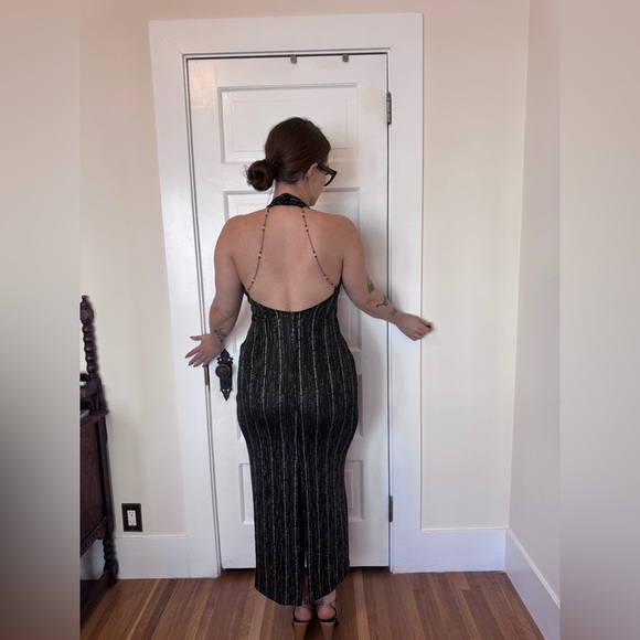 90s Vintage Fredricks of Hollywood Slinky Black Halter Dress w Beaded Chains - Picture 3 of 9